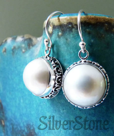 White mabe pearl earrings, sterling silver